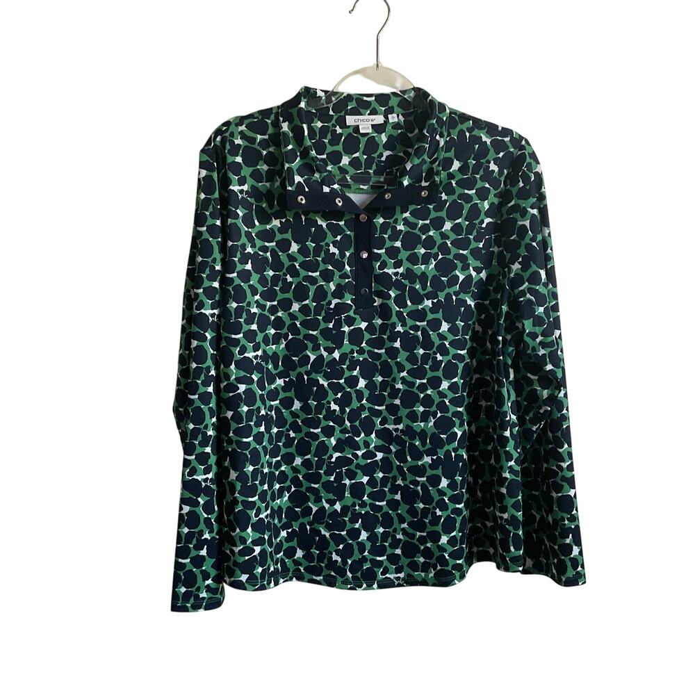 Chico’s Green/Blue Printed Athleisure Quarter Snap Long Sleeve Top - Large